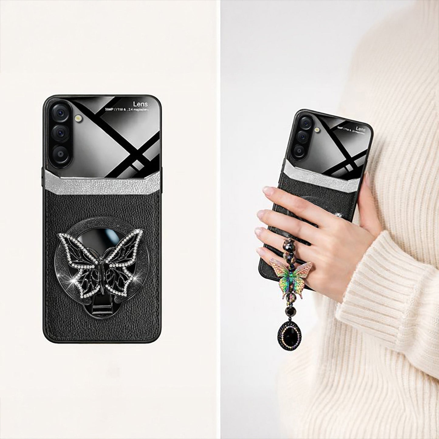 Samsung Galaxy A16 5G Premium Leather Lens Butterfly Stand Case with Charm Strap