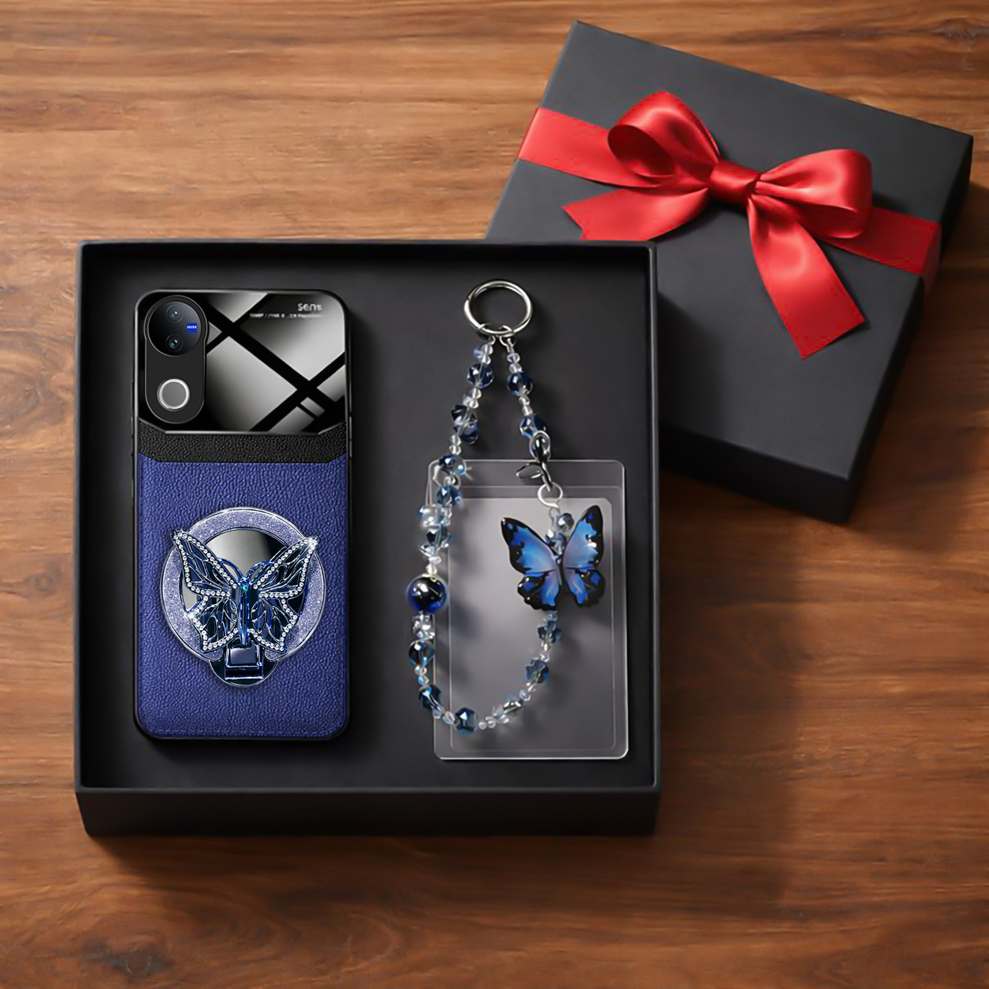 Vivo V50 5G Premium Leather Lens Butterfly Stand Case with Charm Strap