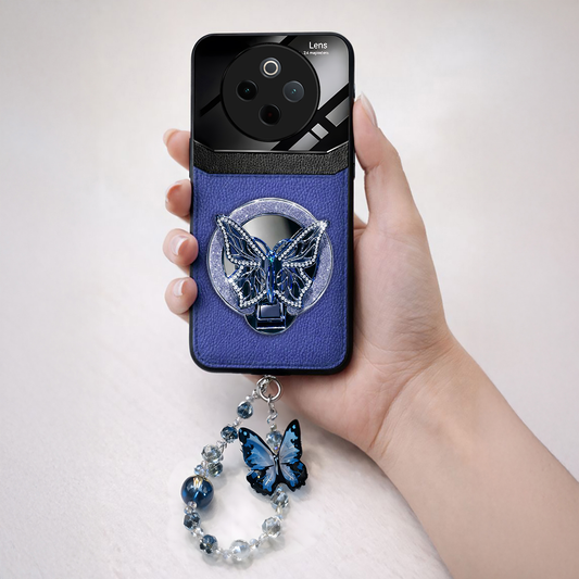 Vivo T4 5G Premium Leather Lens Butterfly Stand Case with Charm Strap