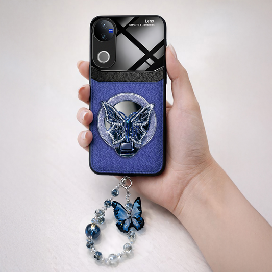 Vivo V50 5G Premium Leather Lens Butterfly Stand Case with Charm Strap