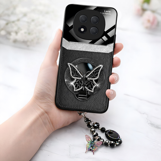 Redmi Note 14 Pro Plus 5G Premium Leather Lens Butterfly Stand Case with Charm Strap