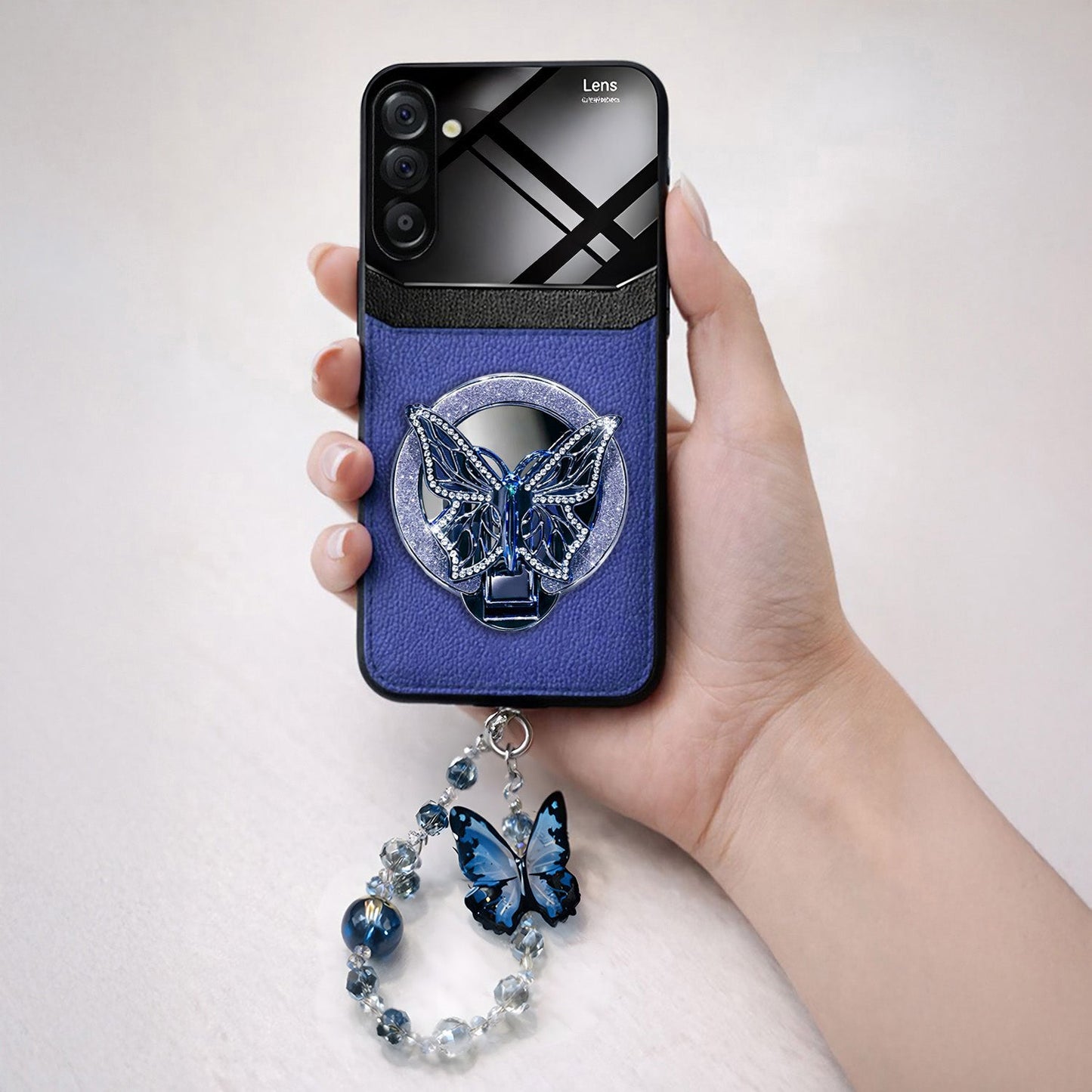 Samsung Galaxy A16 5G Premium Leather Lens Butterfly Stand Case with Charm Strap